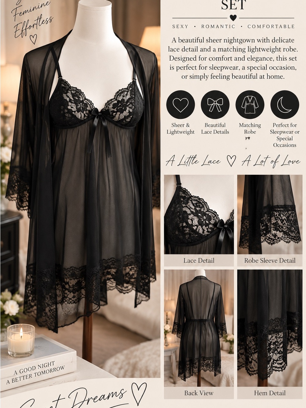 Sheer Lace Babydoll Nightgown & Robe Set - Black